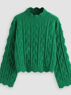 Adorable Green Cable-Knit Scallop-Trim Sweater from Cider. Size M